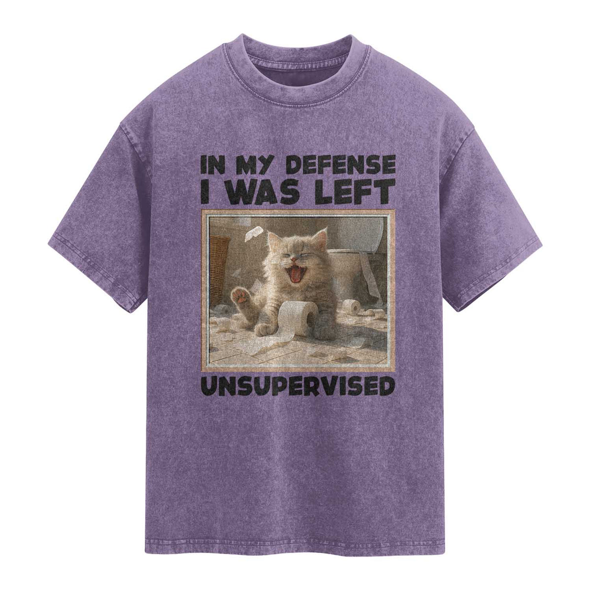 Funny Cat Humor Washed Cotton T-Shirt In My Defense I Was Left Unsupervised