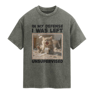 Funny Cat Humor Washed Cotton T-Shirt In My Defense I Was Left Unsupervised