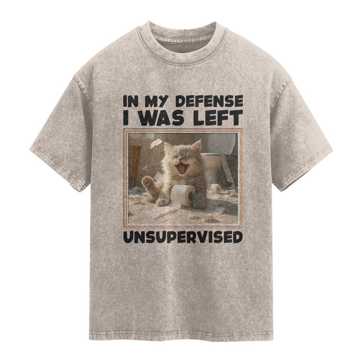 Funny Cat Humor Washed Cotton T-Shirt In My Defense I Was Left Unsupervised