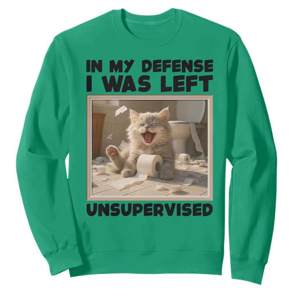 Funny Cat Humor Sweatshirt In My Defense I Was Left Unsupervised TS12 Irish Green Print Your Wear