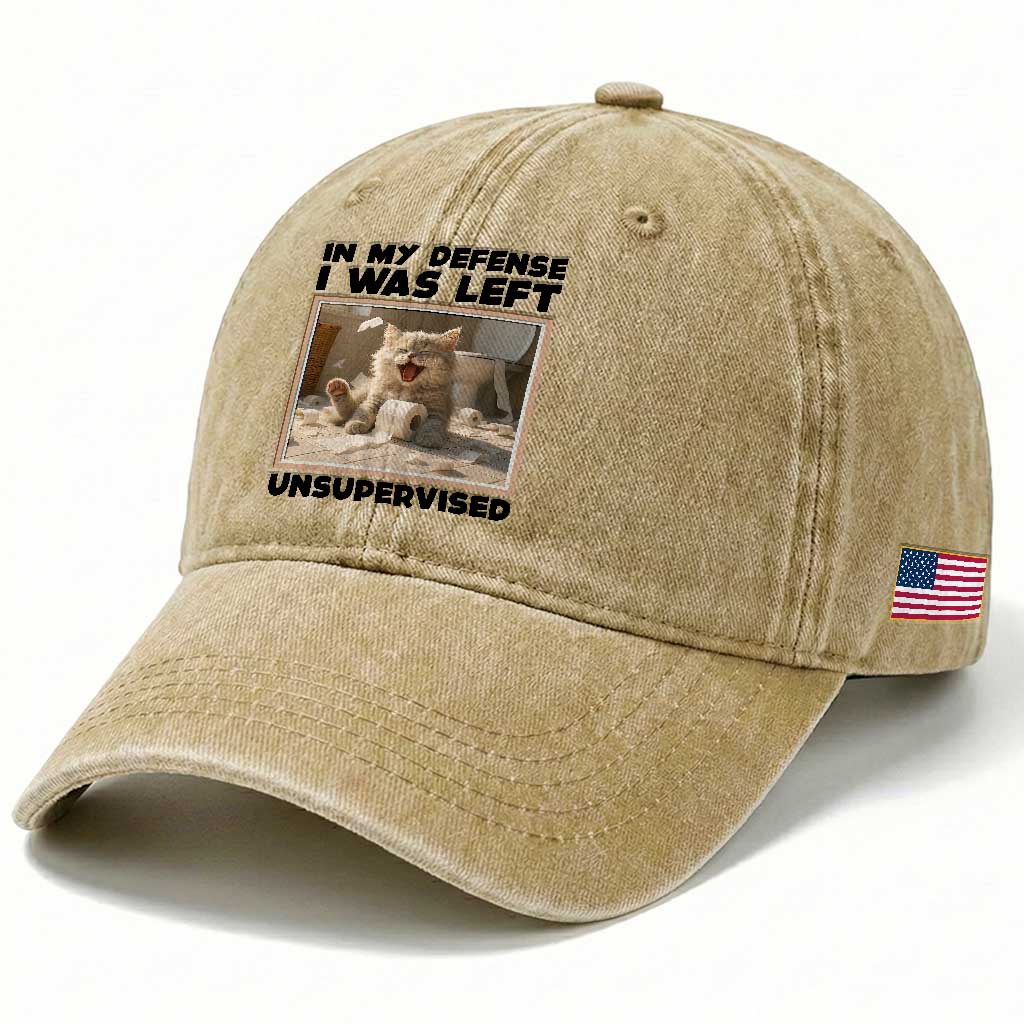 Funny Cat Humor Washed Cotton Baseball Cap In My Defense I Was Left Unsupervised TS12 Print Your Wear