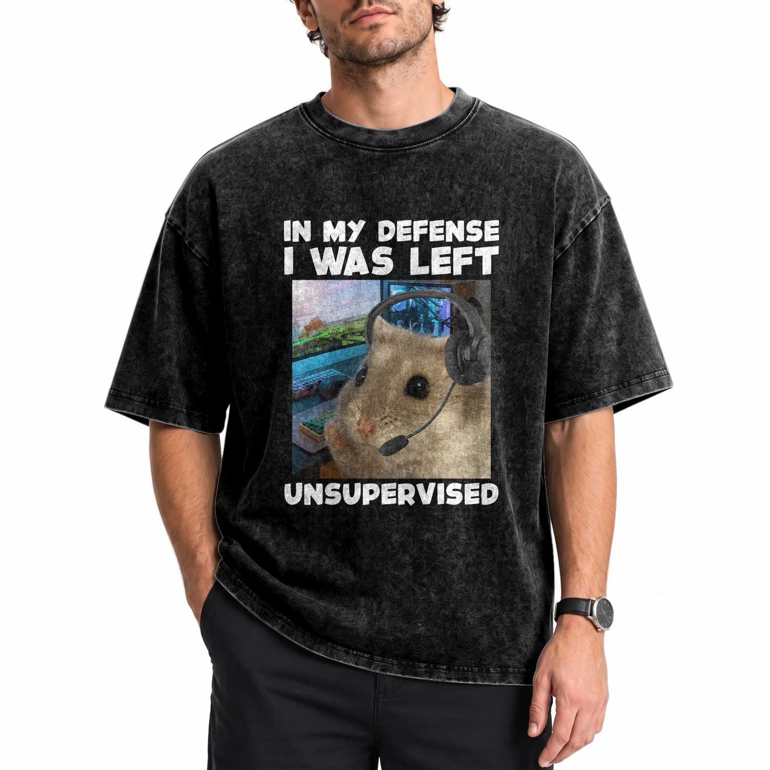 Funny Hamster Gamer Washed Cotton T-Shirt In My Defense I Was Left Unsupervised