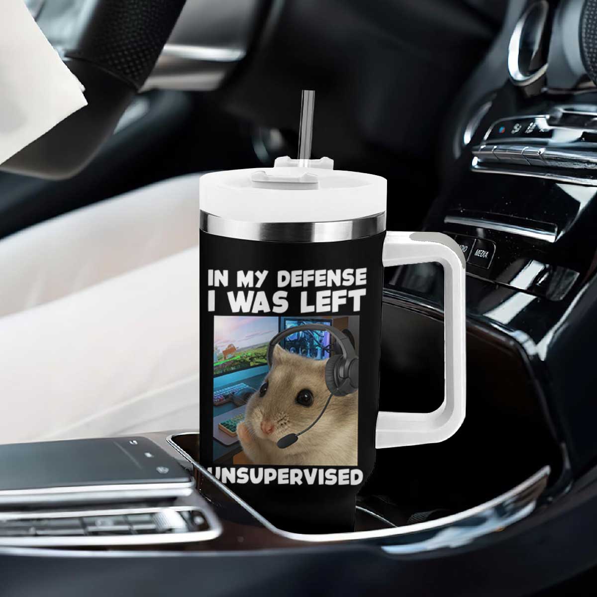 Funny Hamster Gamer Tumbler With Handle In My Defense I Was Left Unsupervised TS12 Print Your Wear