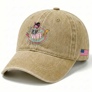 My Wife Is Psychotic Washed Cotton Baseball Cap Funny Messy Bun Skeleton Sarcastic TS12 Print Your Wear