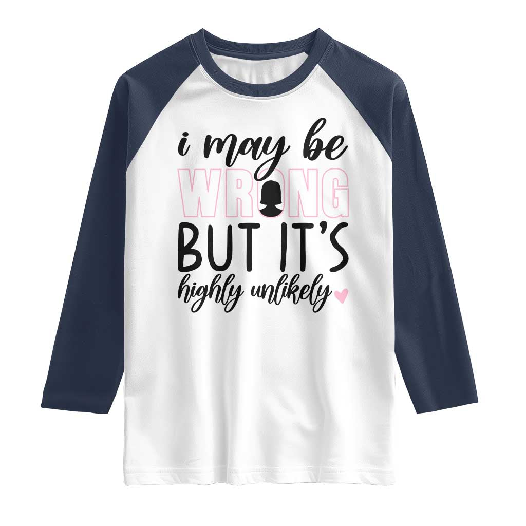 I May Be Wrong But It Is Highly Unlikely Raglan Shirt Funny Sarcastic TS12 White Navy Print Your Wear