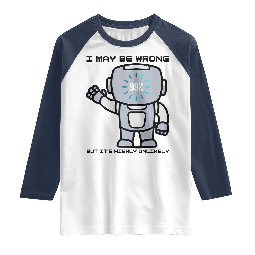 Funny Robot Humor Raglan Shirt I May Be Wrong But It Is Highly Unlikely TS12 White Navy Print Your Wear