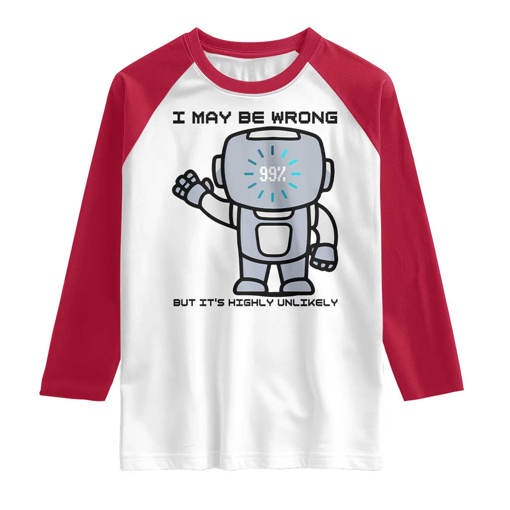 Funny Robot Humor Raglan Shirt I May Be Wrong But It Is Highly Unlikely TS12 White Red Print Your Wear