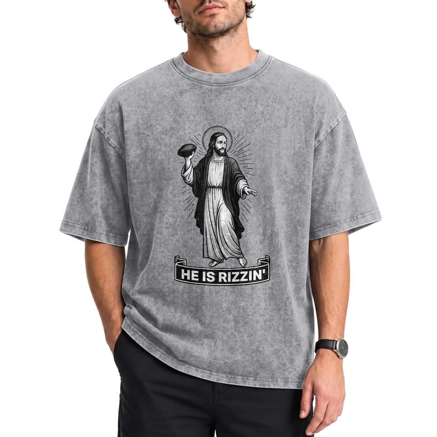 Christian Football Lover Washed Cotton T-Shirt He Is Rizzin Funny Gift