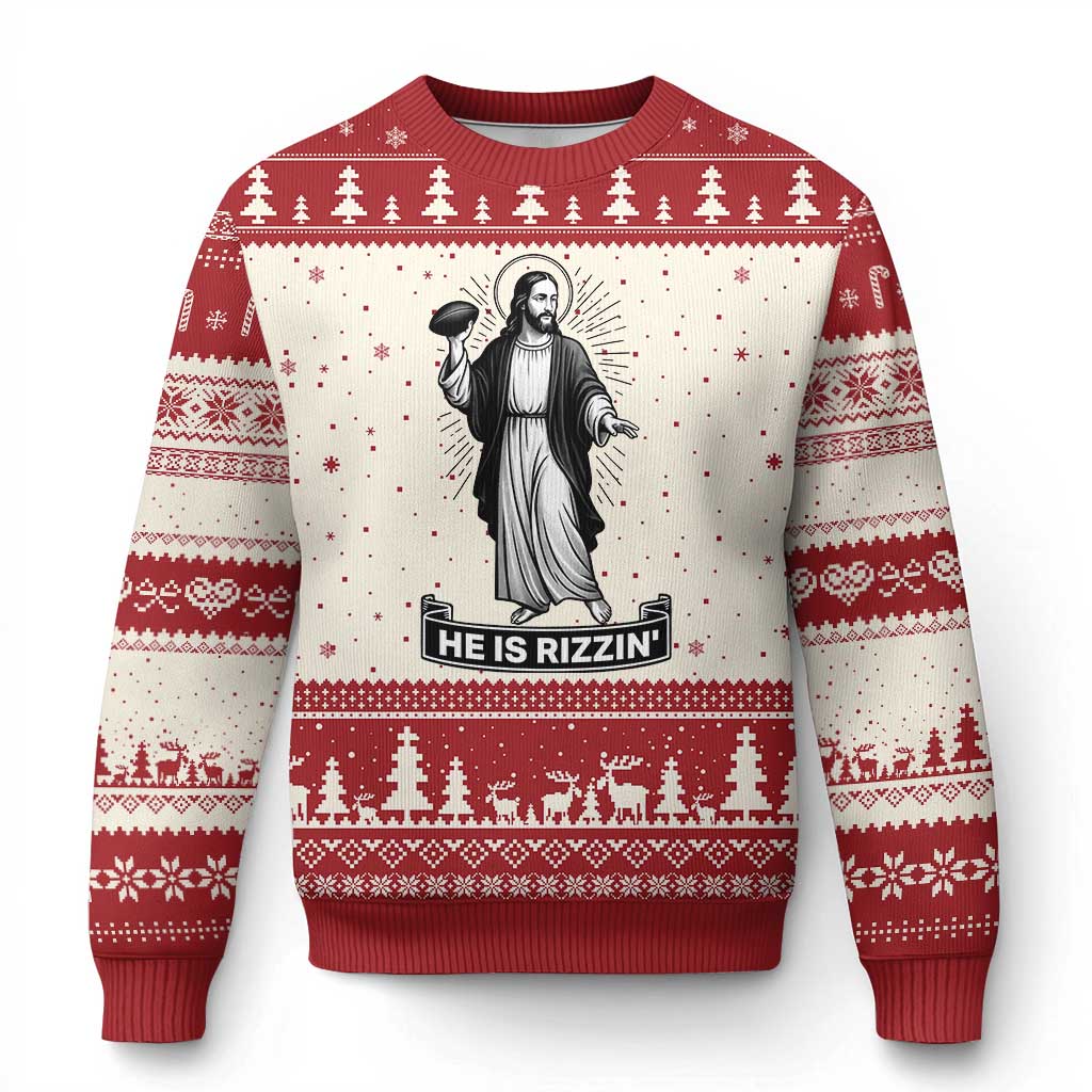 Christian Football Lover Ugly Christmas Sweater He Is Rizzin Funny Gift TS12 Beige Red Print Your Wear