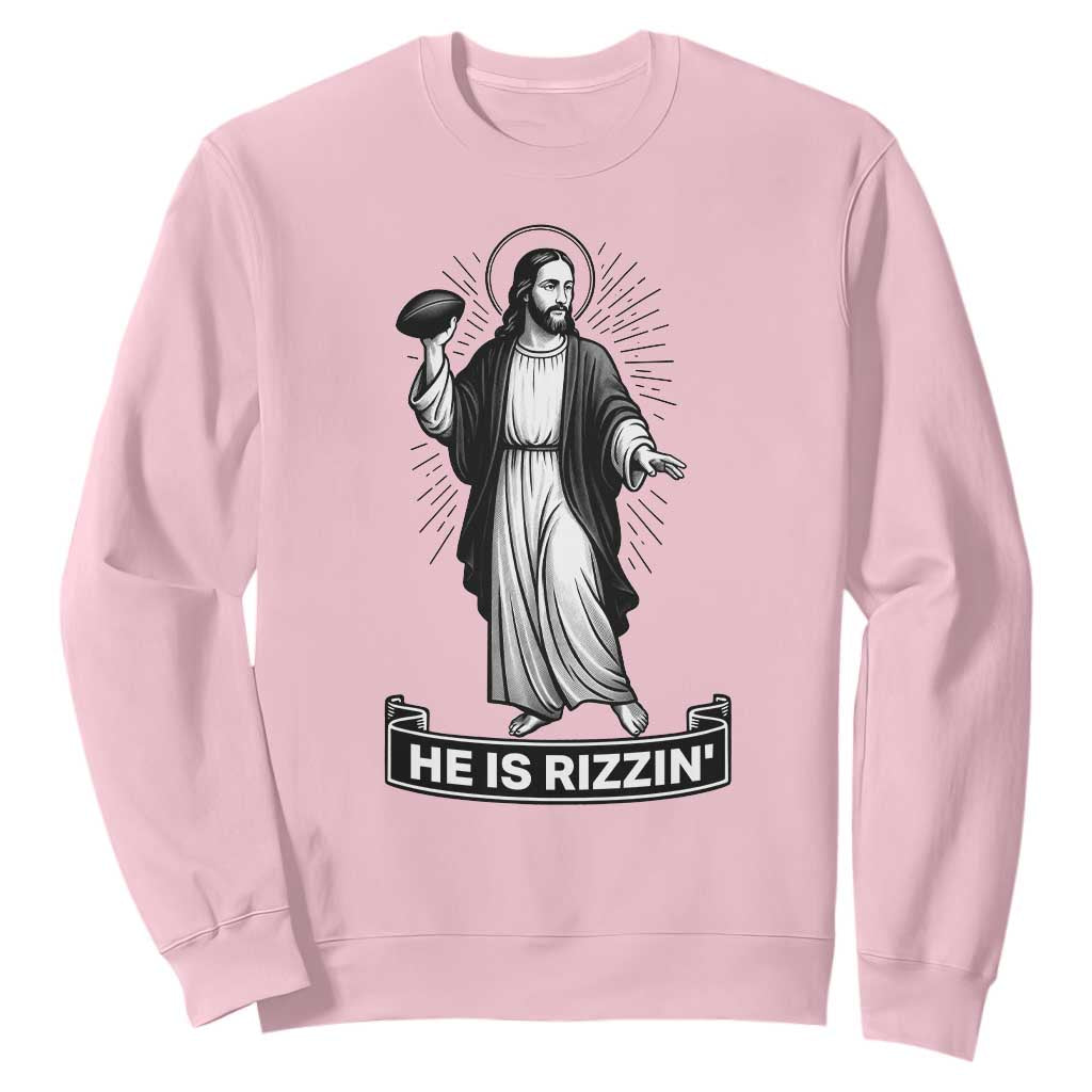 Christian Football Lover Sweatshirt He Is Rizzin Funny Gift TS12 Light Pink Print Your Wear