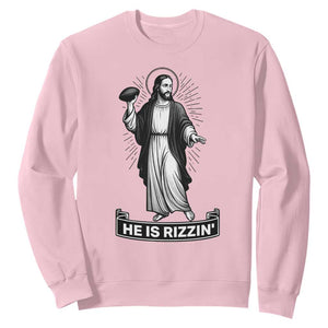 Christian Football Lover Sweatshirt He Is Rizzin Funny Gift TS12 Light Pink Print Your Wear