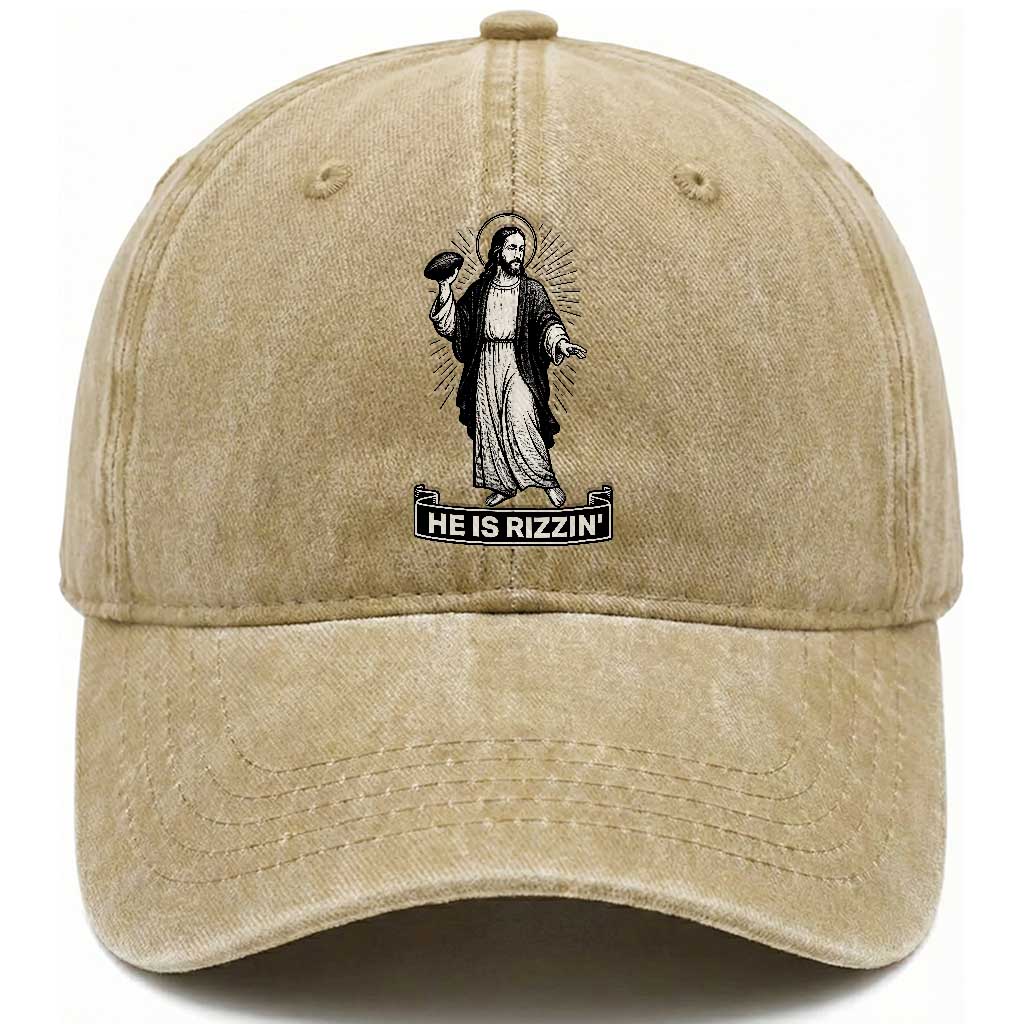 Christian Football Lover Washed Cotton Baseball Cap He Is Rizzin Funny Gift TS12 Print Your Wear