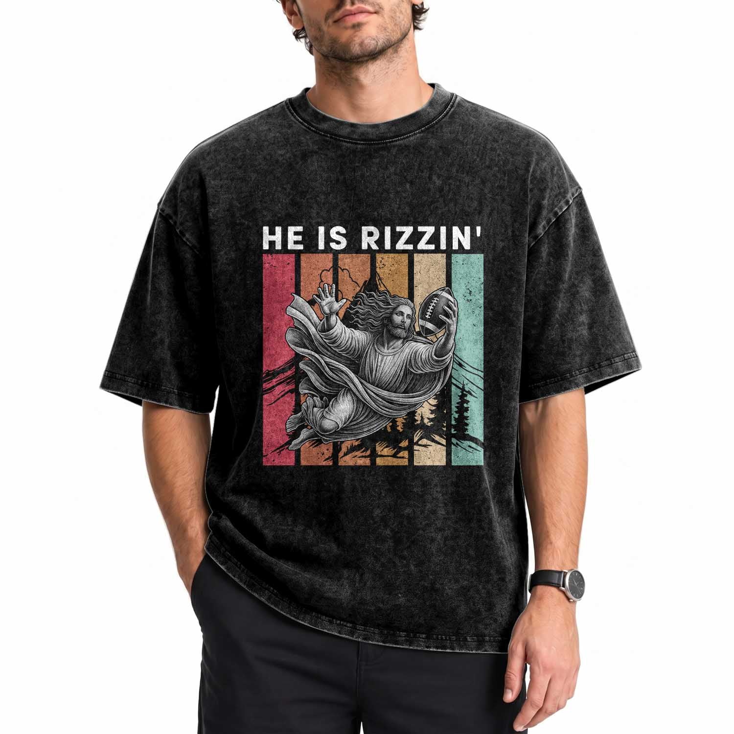He Is Rizzin Washed Cotton T-Shirt Funny Christian Football Lover Gift