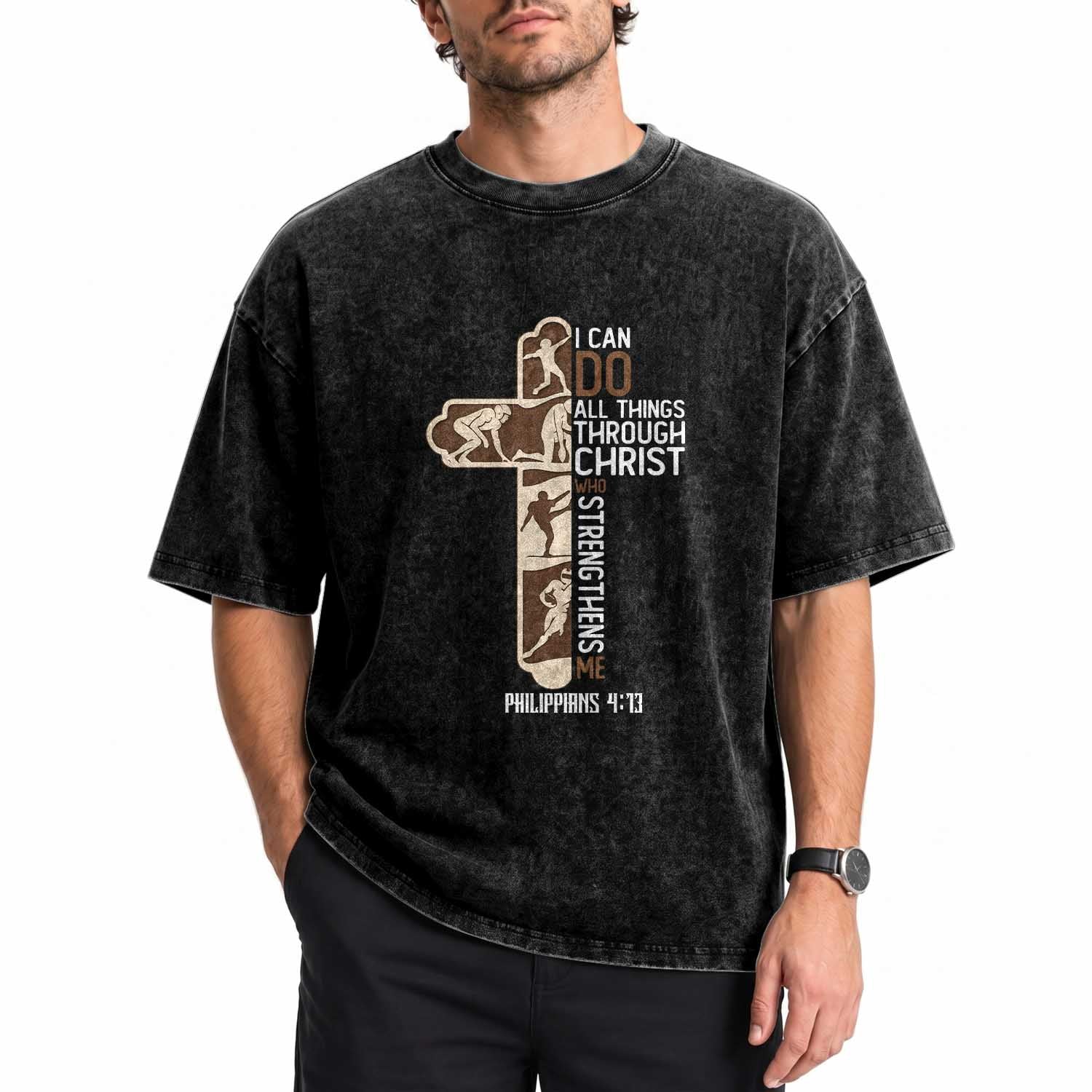 Christian Football Player Gift Washed Cotton T-Shirt God Gives Me Strength