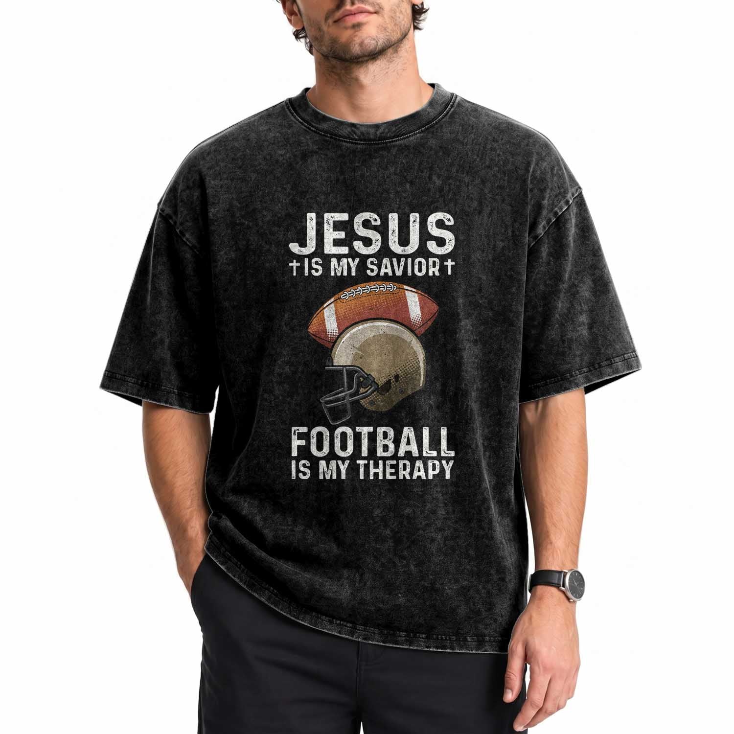Jesus Is My Savior Football Is My Therapy Washed Cotton T-Shirt Christian Football Lover