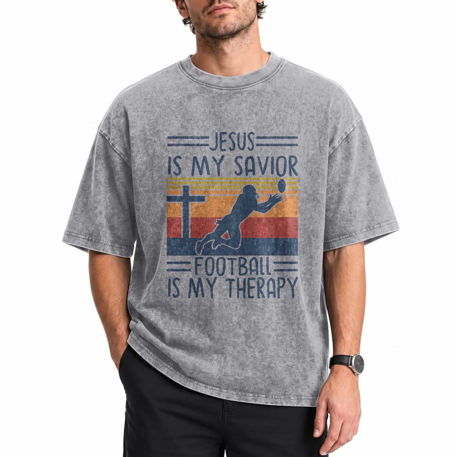 Jesus Is My Savior Football Is My Therapy Washed Cotton T-Shirt Vintage Christian Football Fan Gift