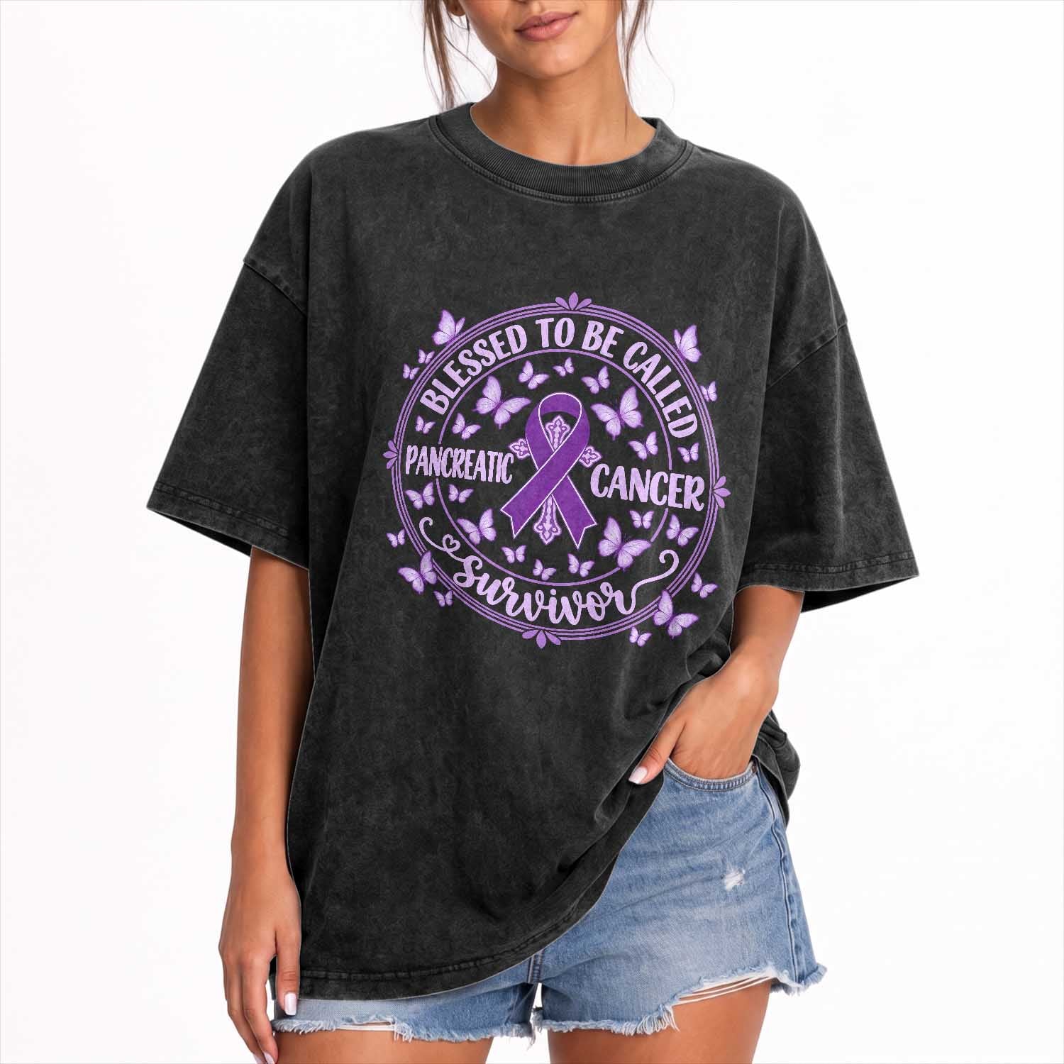 Pancreatic Cancer Warrior Washed Cotton T-Shirt Blessed To Be Called A Survivor Purple Ribbon Butterfly