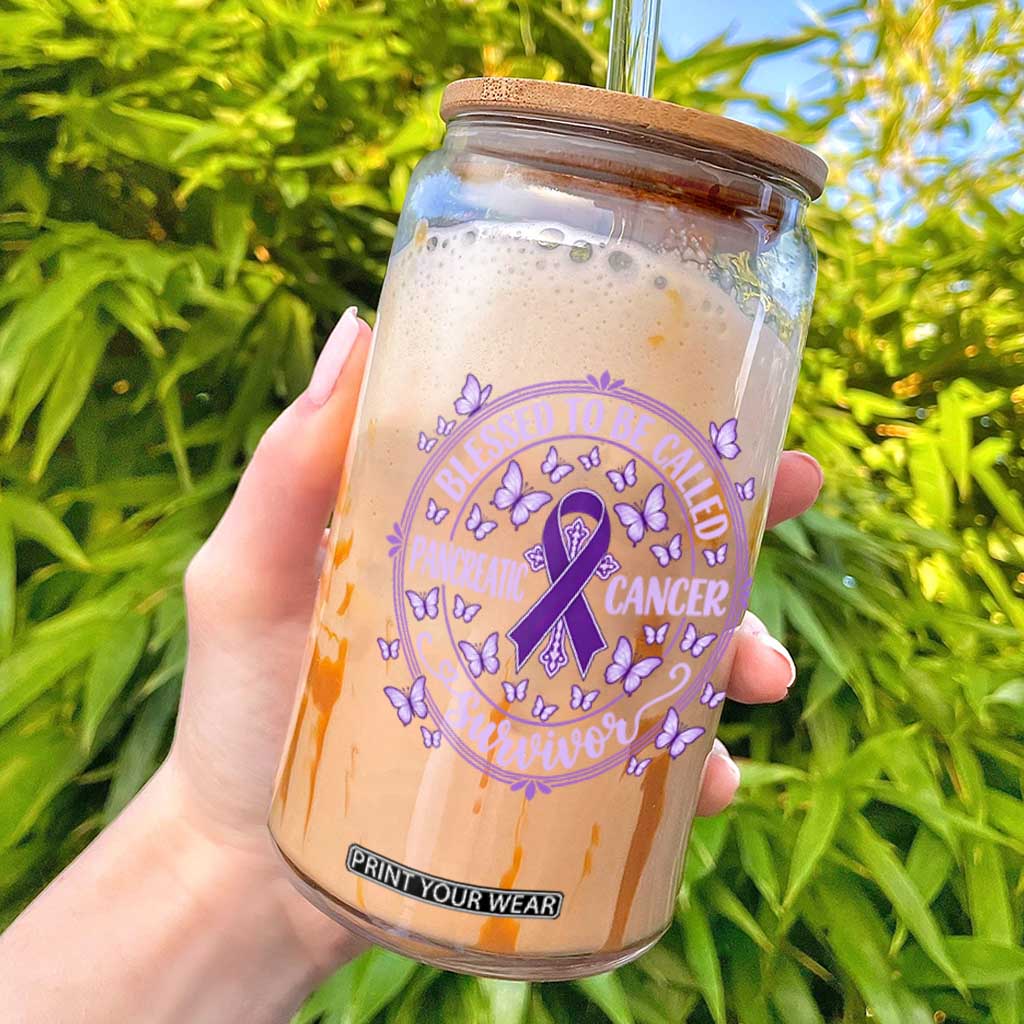 Pancreatic Cancer Warrior Glass Can Blessed To Be Called A Survivor Purple Ribbon Butterfly