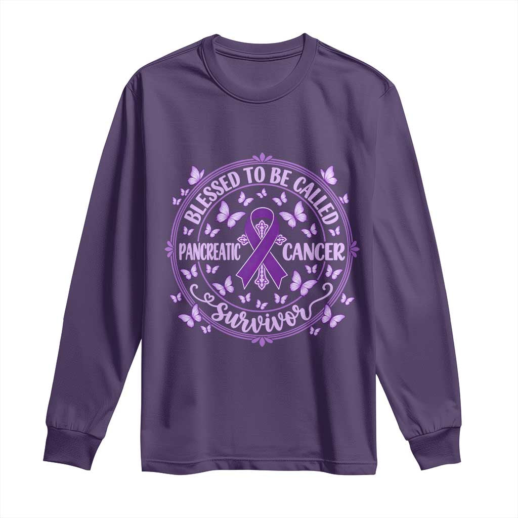 Pancreatic Cancer Warrior Long Sleeve Shirt Blessed To Be Called A Survivor Purple Ribbon Butterfly