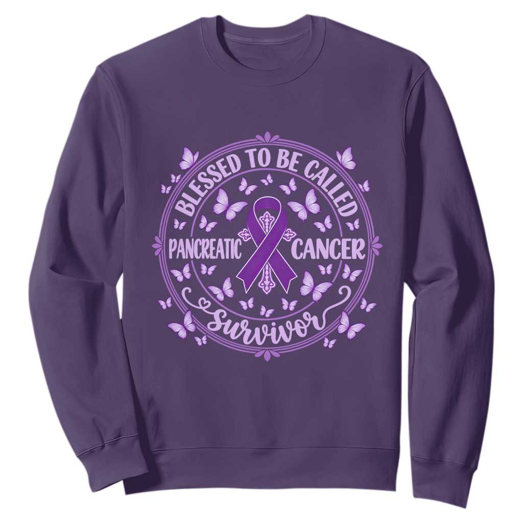 Pancreatic Cancer Warrior Sweatshirt Blessed To Be Called A Survivor Purple Ribbon Butterfly