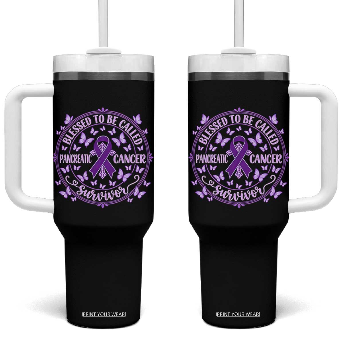 Pancreatic Cancer Warrior Tumbler With Handle Blessed To Be Called A Survivor Purple Ribbon Butterfly