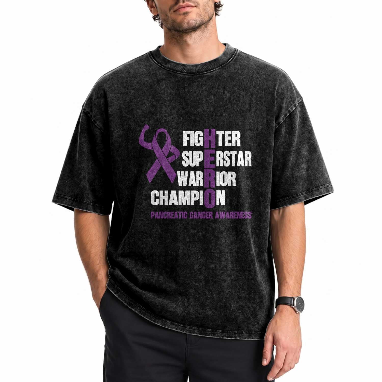 Hero Pancreatic Cancer Awareness Washed Cotton T-Shirt Purple Ribbon Fighter Support Warrior Gift