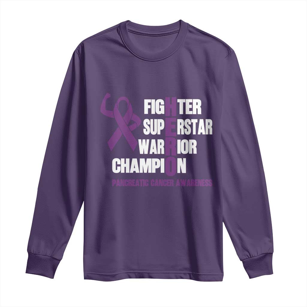 Hero Pancreatic Cancer Awareness Long Sleeve Shirt Purple Ribbon Fighter Support Warrior Gift