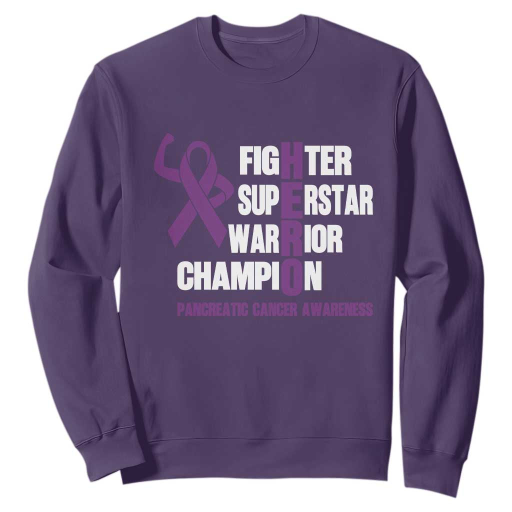 Hero Pancreatic Cancer Awareness Sweatshirt Purple Ribbon Fighter Support Warrior Gift