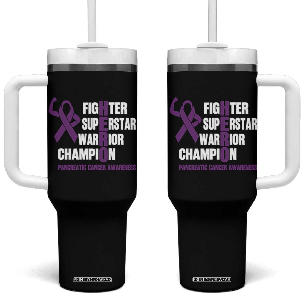 Hero Pancreatic Cancer Awareness Tumbler With Handle Purple Ribbon Fighter Support Warrior Gift