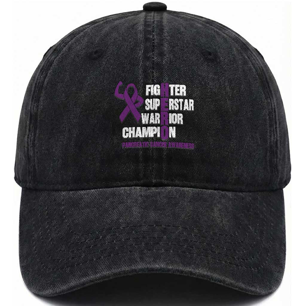 Hero Pancreatic Cancer Awareness Washed Cotton Baseball Cap Purple Ribbon Fighter Support Warrior Gift