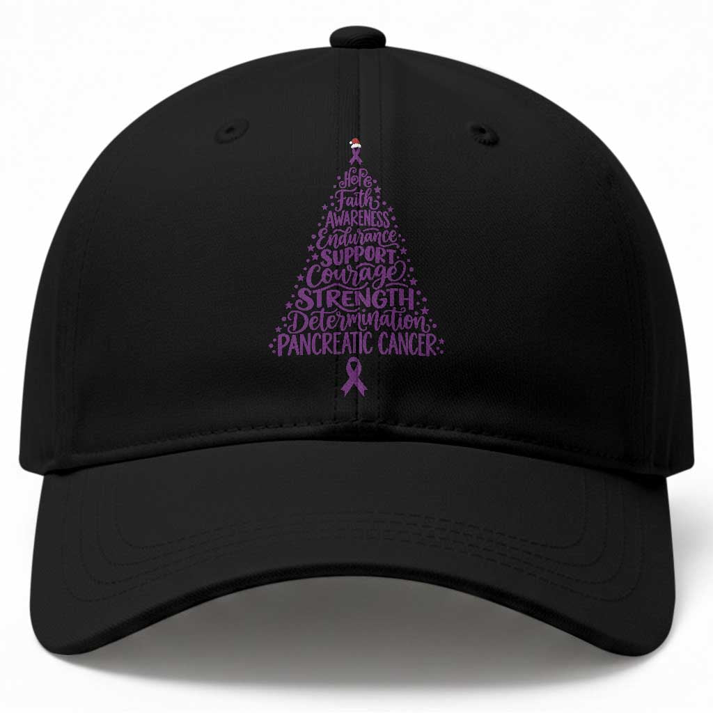 Pancreatic Cancer Awareness Christmas Tree Baseball Cap Purple Ribbon Holiday Graphic