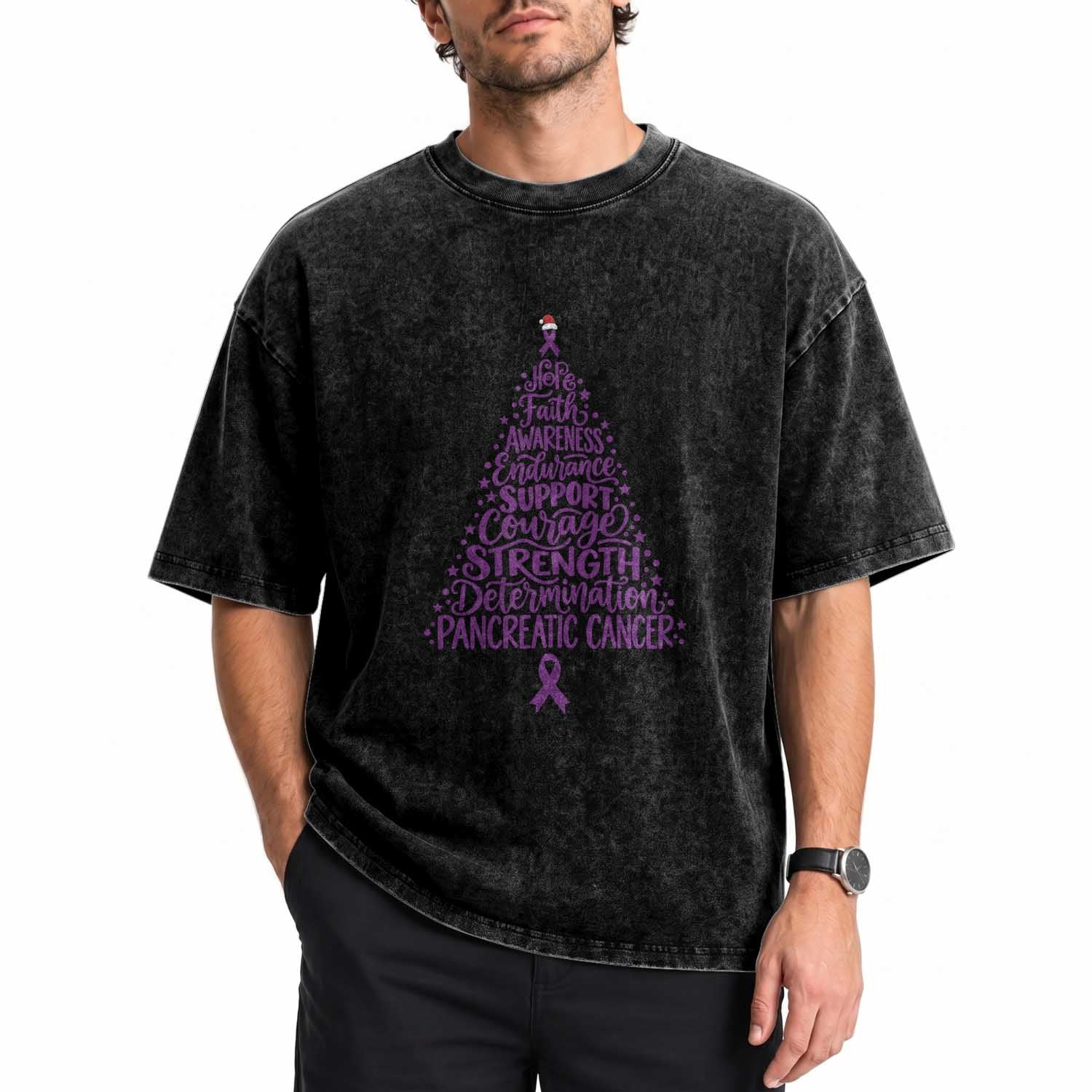 Pancreatic Cancer Awareness Christmas Tree Washed Cotton T-Shirt Purple Ribbon Holiday Graphic