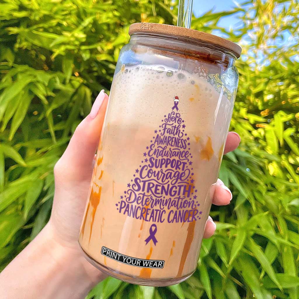 Pancreatic Cancer Awareness Christmas Tree Glass Can Purple Ribbon Holiday Graphic