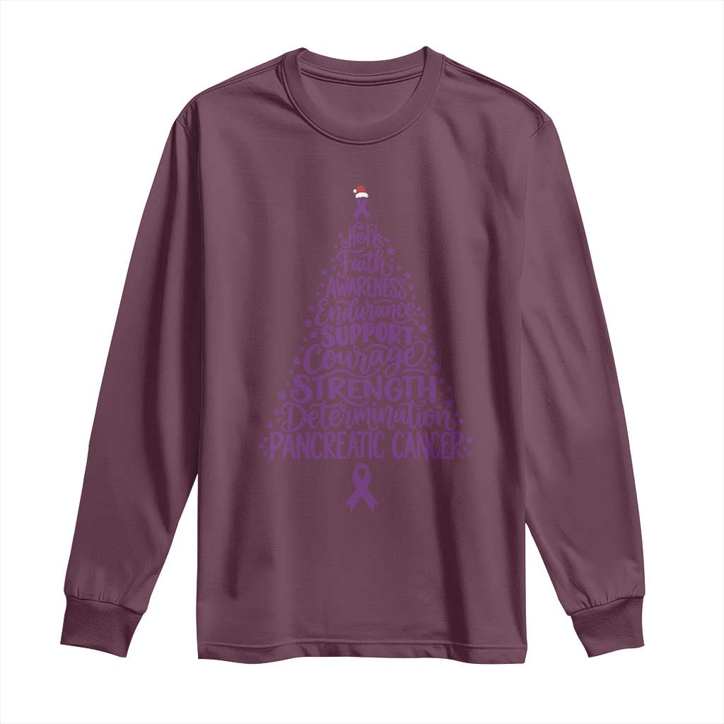 Pancreatic Cancer Awareness Christmas Tree Long Sleeve Shirt Purple Ribbon Holiday Graphic