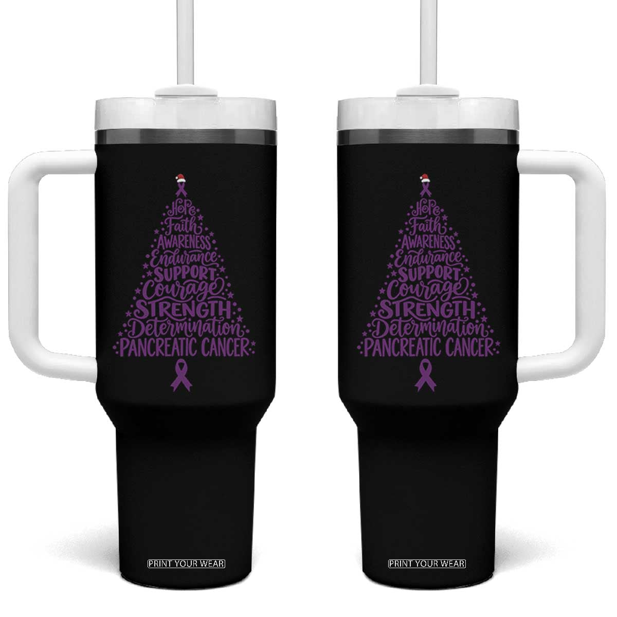 Pancreatic Cancer Awareness Christmas Tree Tumbler With Handle Purple Ribbon Holiday Graphic