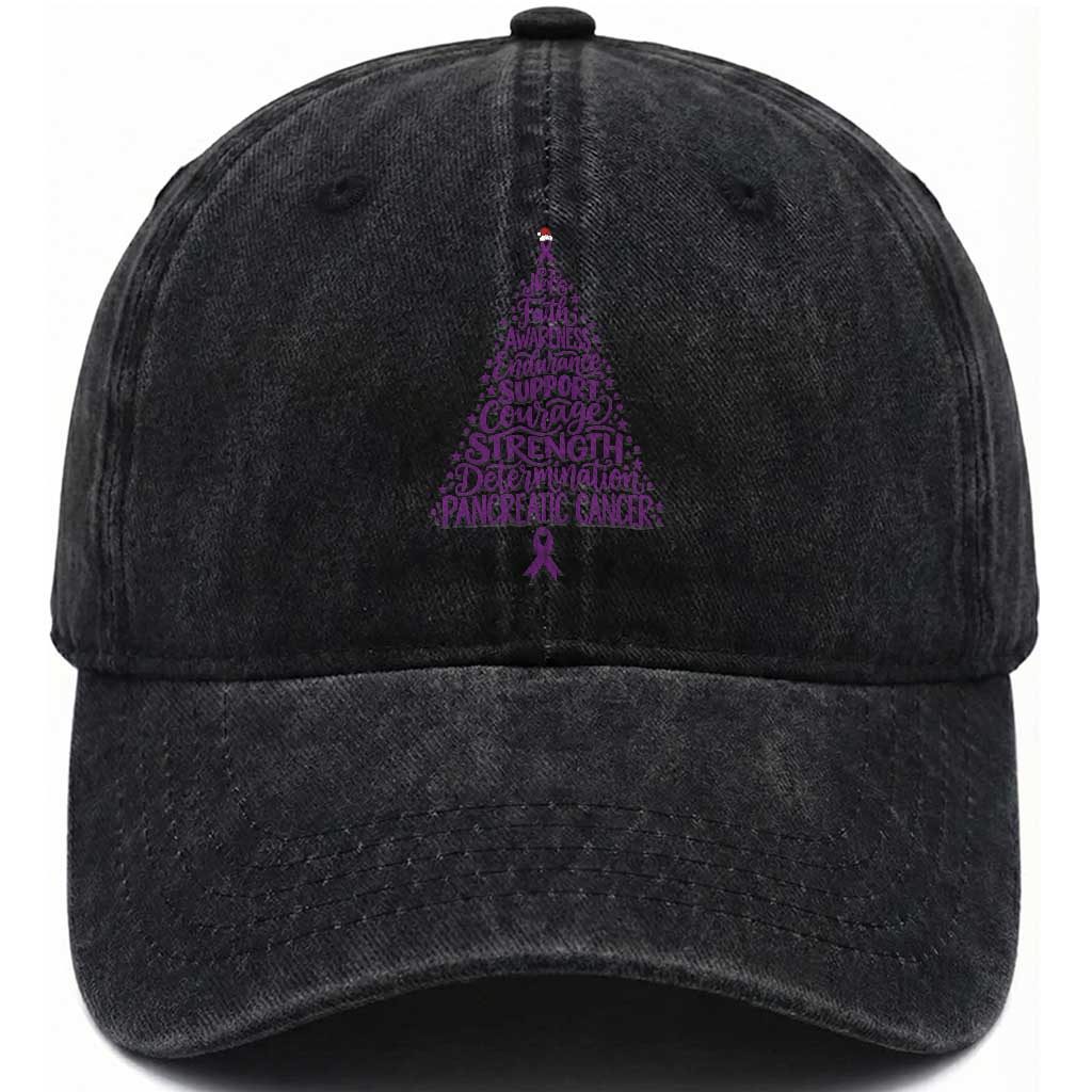 Pancreatic Cancer Awareness Christmas Tree Washed Cotton Baseball Cap Purple Ribbon Holiday Graphic