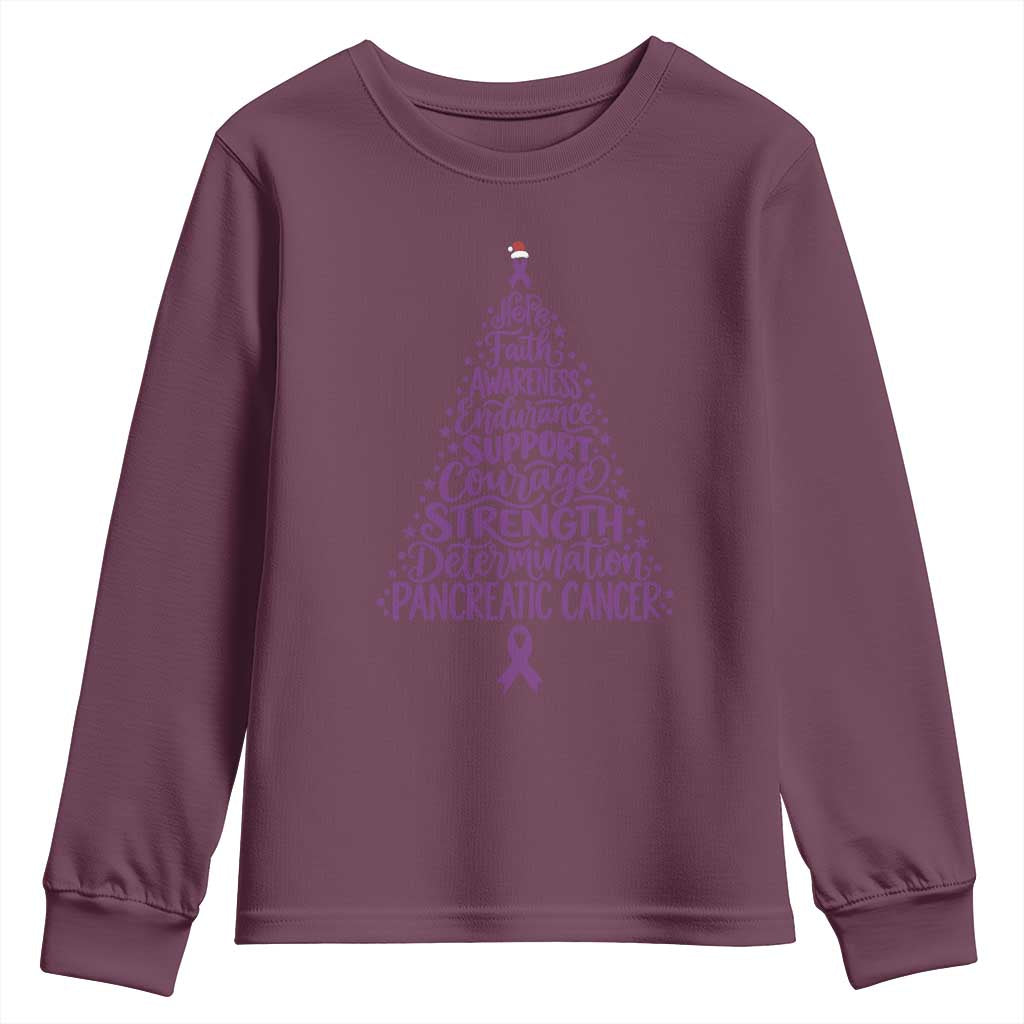 Pancreatic Cancer Awareness Christmas Tree Youth Sweatshirt Purple Ribbon Holiday Graphic