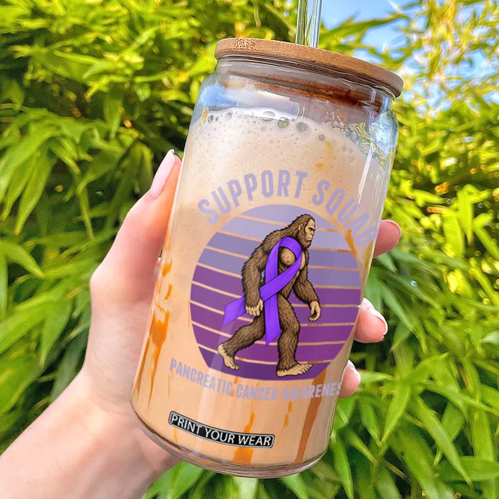 Vintage Bigfoot Pancreatic Cancer Support Squad Glass Can Purple Ribbon Fighter