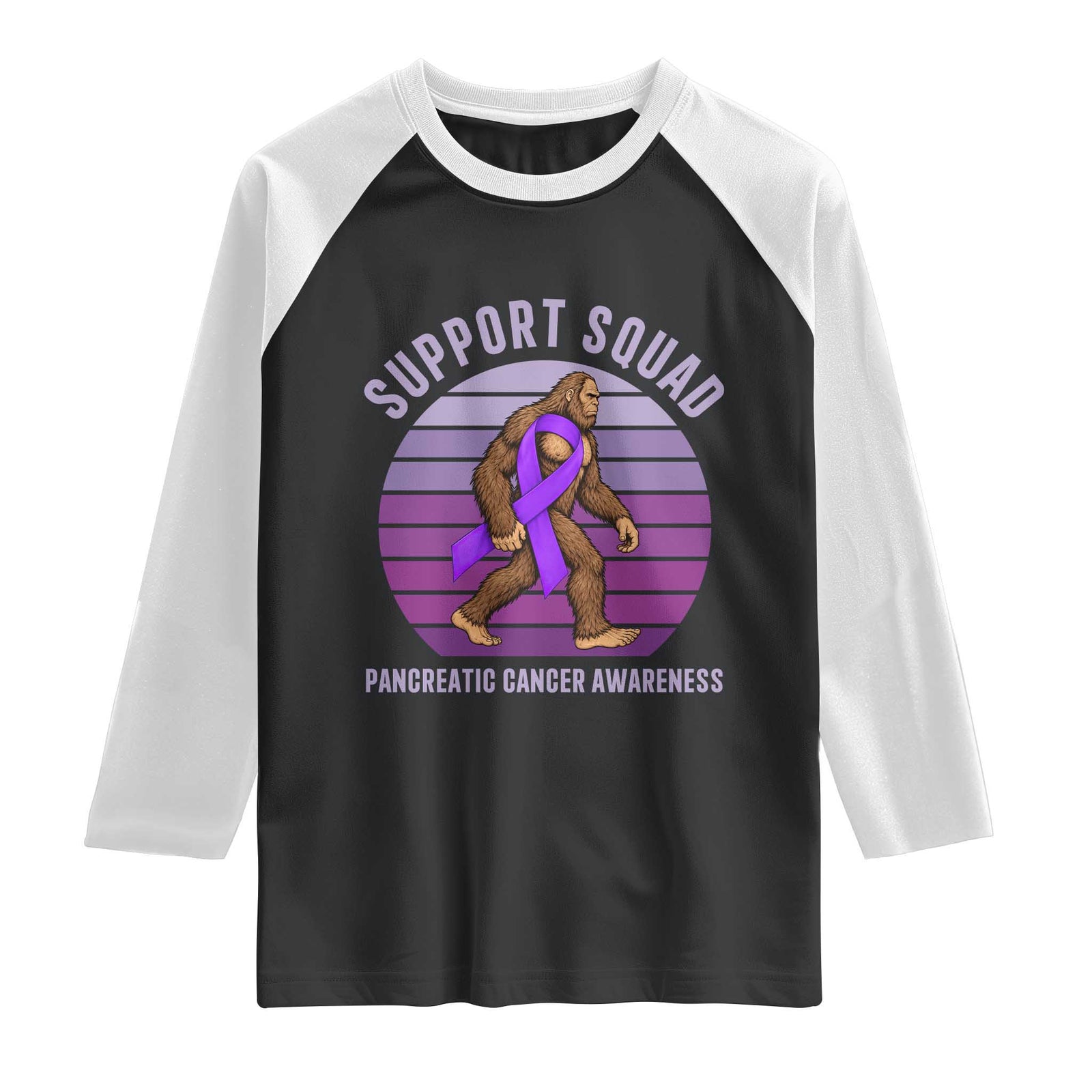 Vintage Bigfoot Pancreatic Cancer Support Squad Raglan Shirt Purple Ribbon Fighter