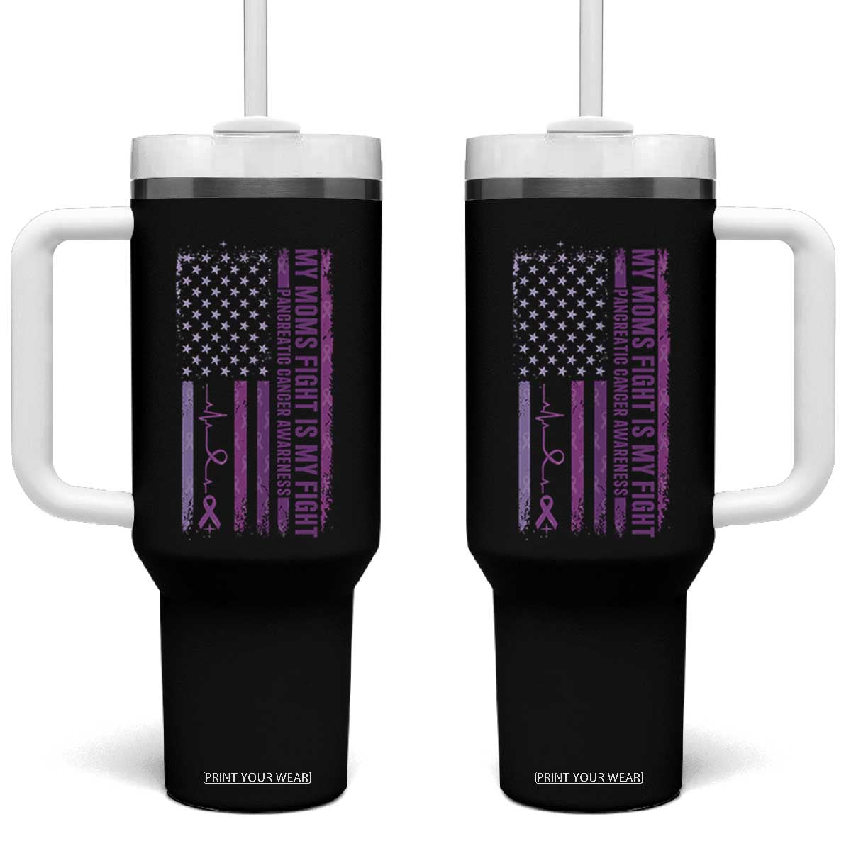 American Flag Pancreatic Cancer Support Tumbler With Handle My Moms Fight My Fight