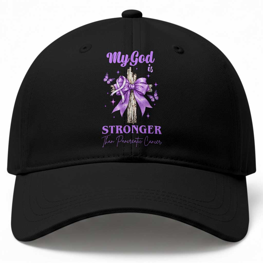 Pancreatic Cancer Prayer Warrior Baseball Cap My God Is Stronger Than Any Cancer Purple Ribbon Support Gift