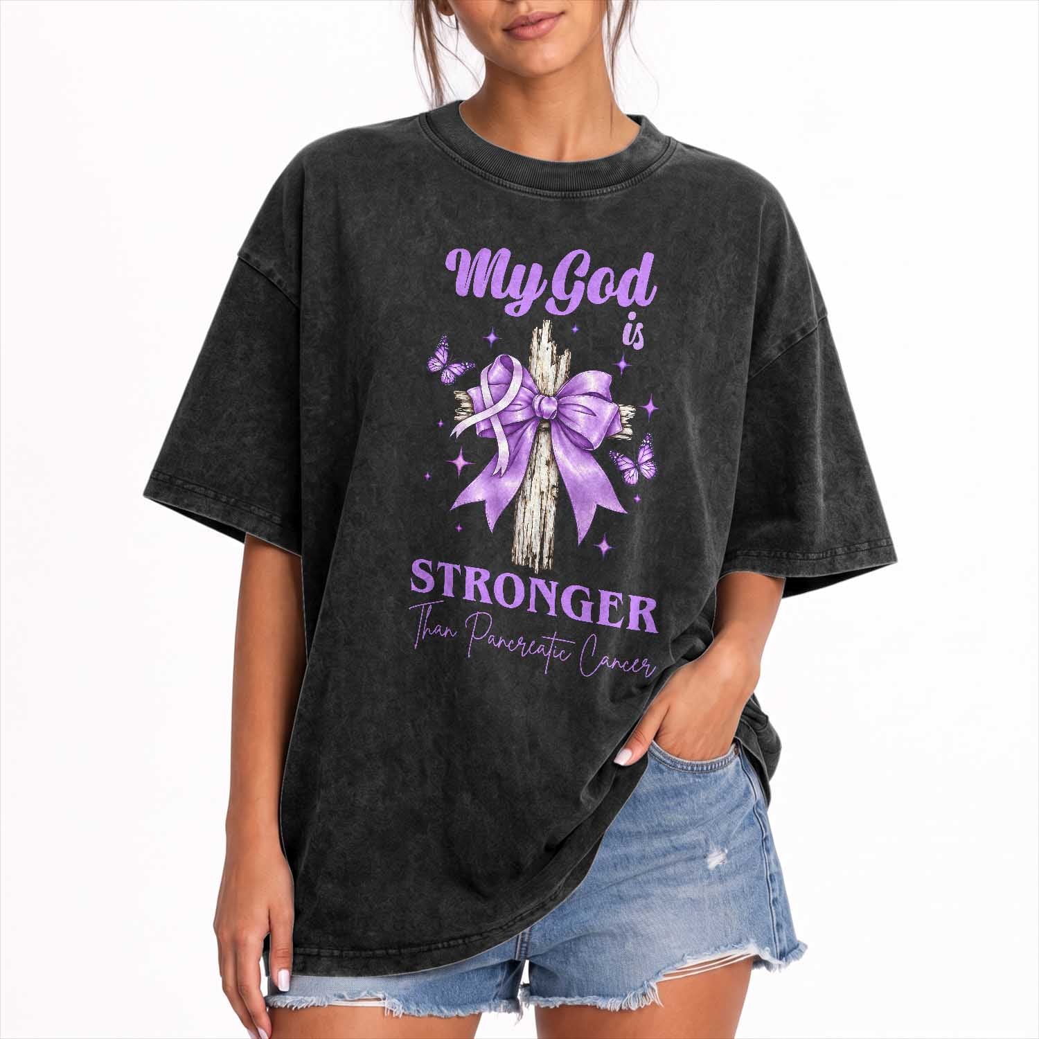Pancreatic Cancer Prayer Warrior Washed Cotton T-Shirt My God Is Stronger Than Any Cancer Purple Ribbon Support Gift