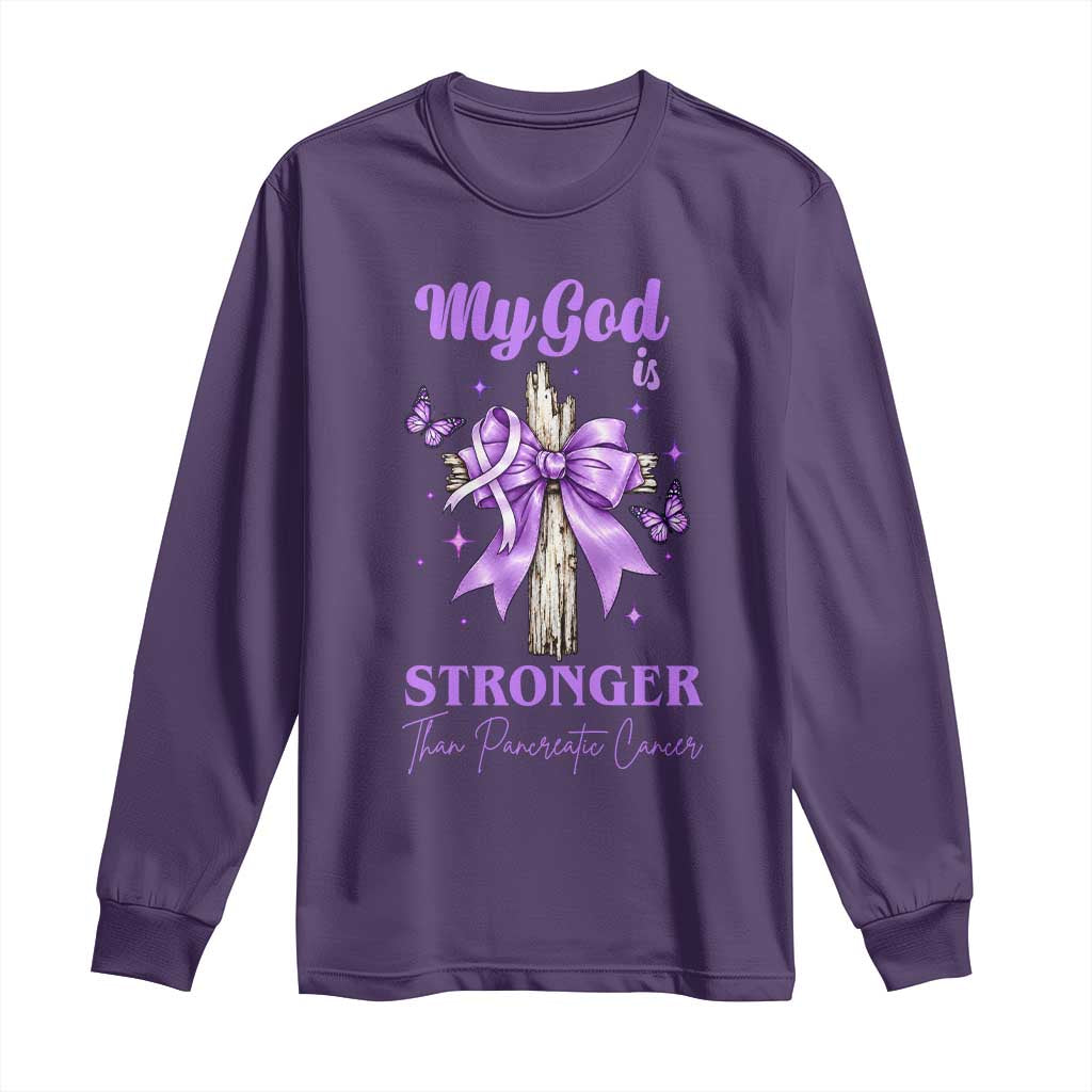 Pancreatic Cancer Prayer Warrior Long Sleeve Shirt My God Is Stronger Than Any Cancer Purple Ribbon Support Gift