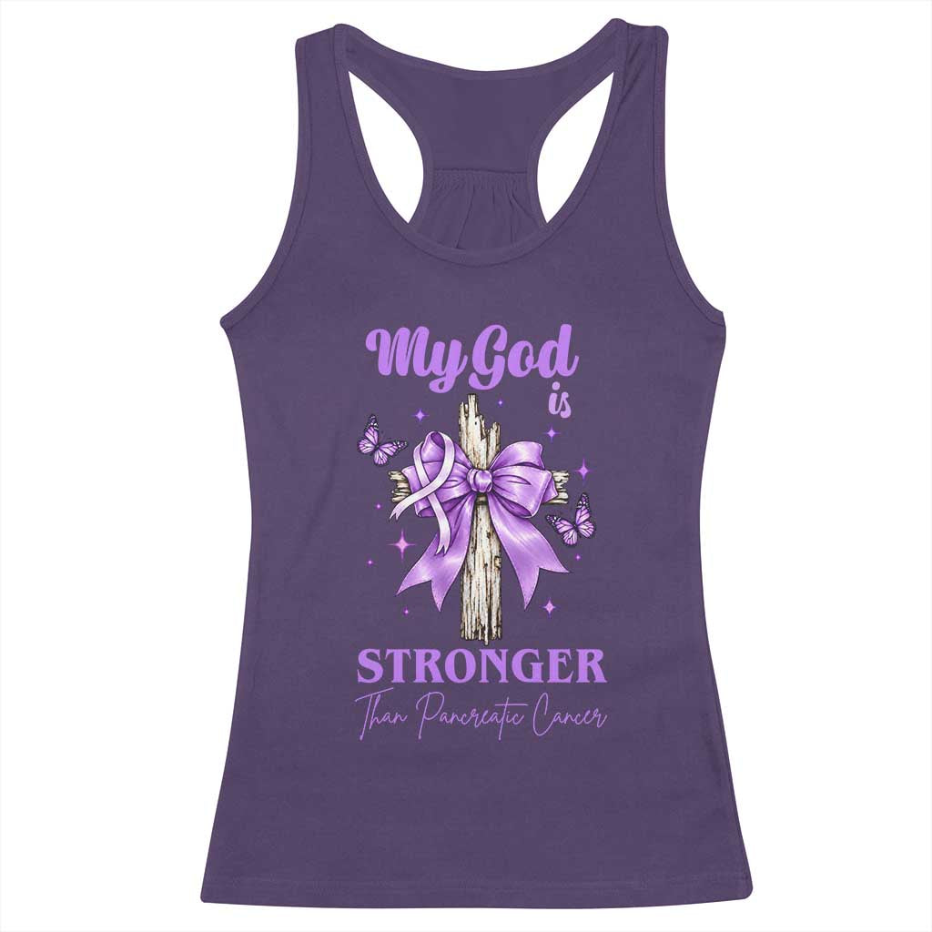Pancreatic Cancer Prayer Warrior Racerback Tank Top My God Is Stronger Than Any Cancer Purple Ribbon Support Gift