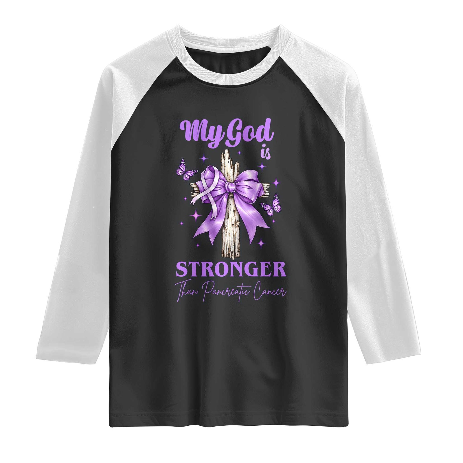 Pancreatic Cancer Prayer Warrior Raglan Shirt My God Is Stronger Than Any Cancer Purple Ribbon Support Gift