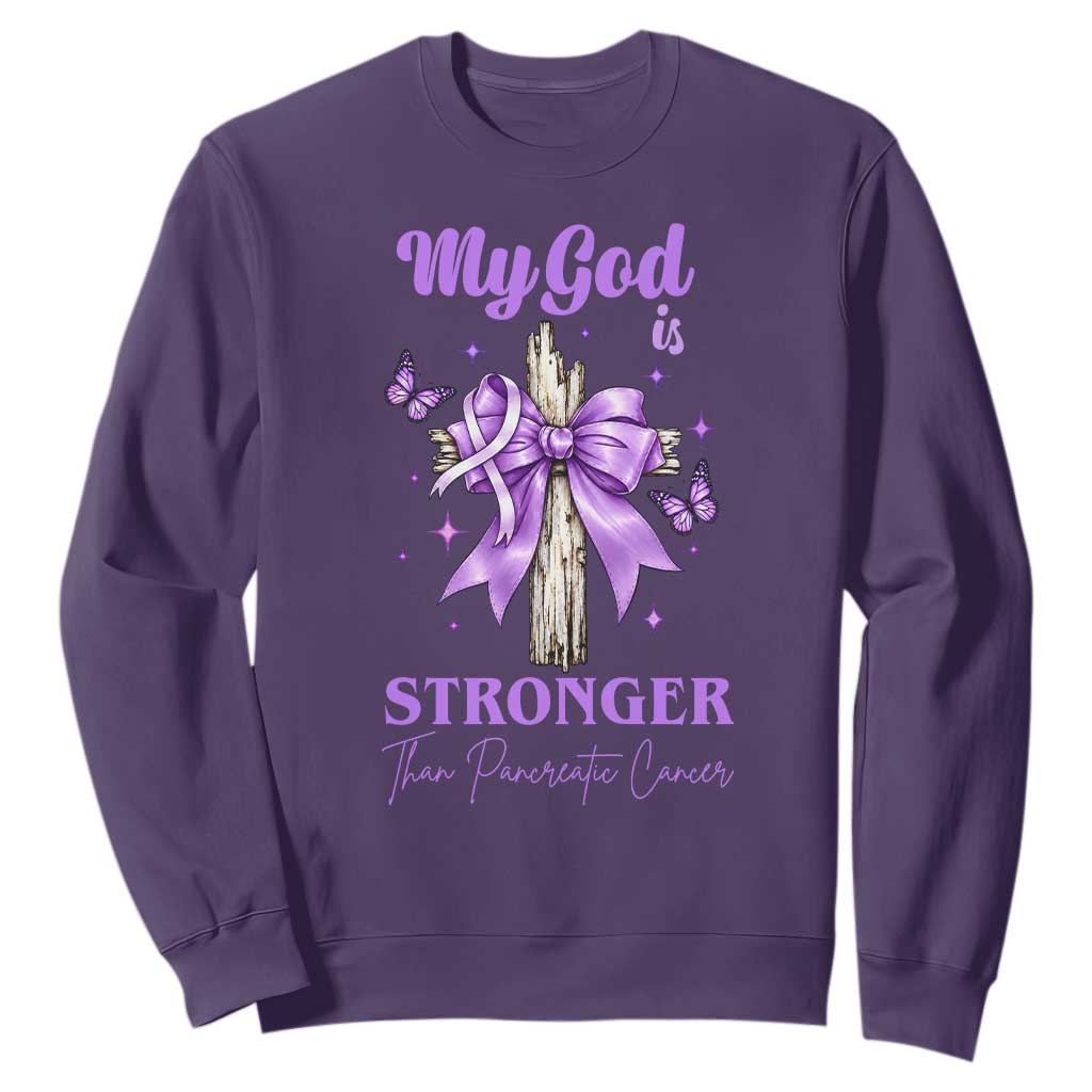Pancreatic Cancer Prayer Warrior Sweatshirt My God Is Stronger Than Any Cancer Purple Ribbon Support Gift