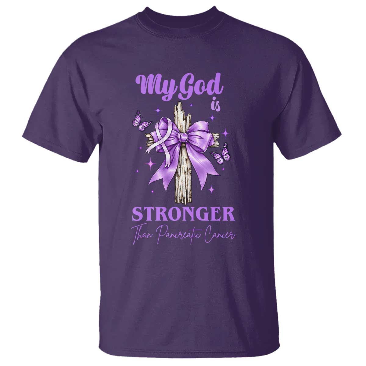 Pancreatic Cancer Prayer Warrior T Shirt My God Is Stronger Than Any Cancer Purple Ribbon Support Gift