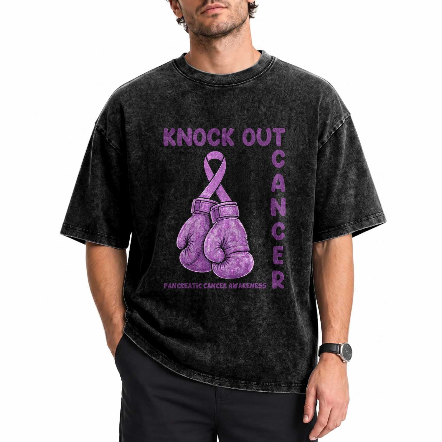 Knock Out Cancer Pancreatic Warrior Washed Cotton T-Shirt Boxing Gloves Purple Ribbon Gift