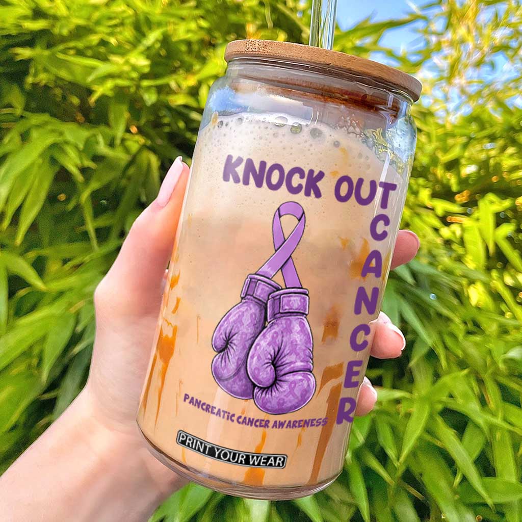 Knock Out Cancer Pancreatic Warrior Glass Can Boxing Gloves Purple Ribbon Gift