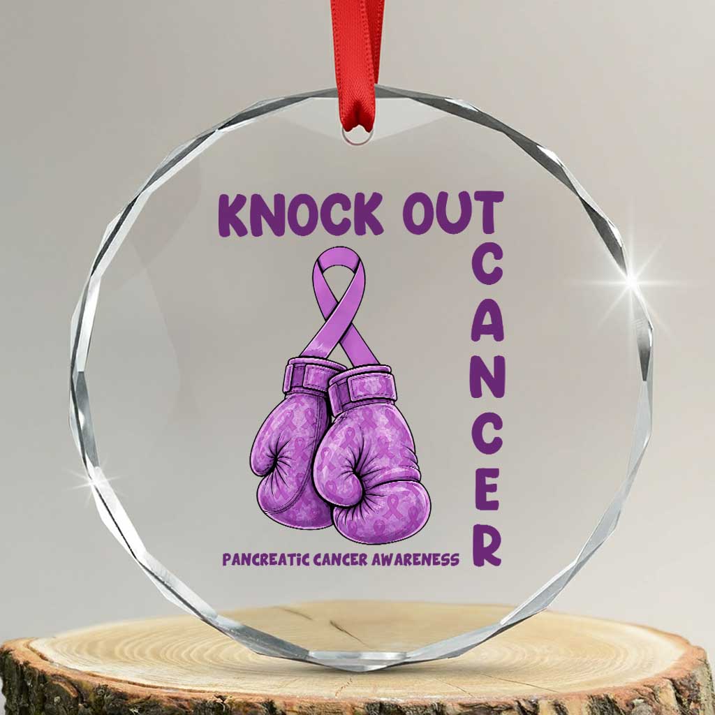 Knock Out Cancer Pancreatic Warrior Crystal Glass Ornament Boxing Gloves Purple Ribbon Gift